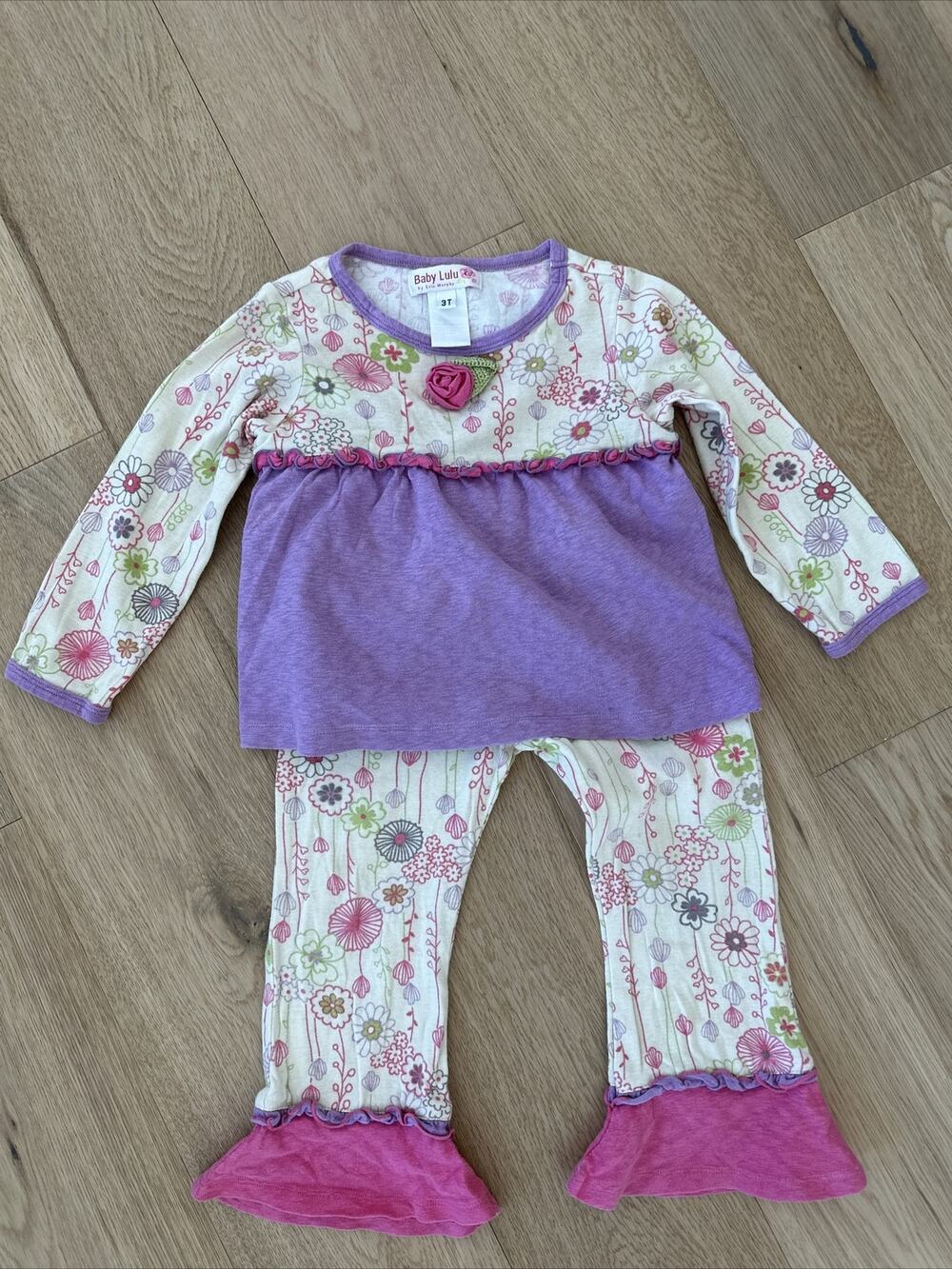 Baby Lulu 3T Lavender Purple Floral Two Piece Set Perfect For Events Cream